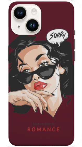 Phone case with a stylized illustration of a woman wearing sunglasses and a speech bubble saying 'Sorry', on a red background.